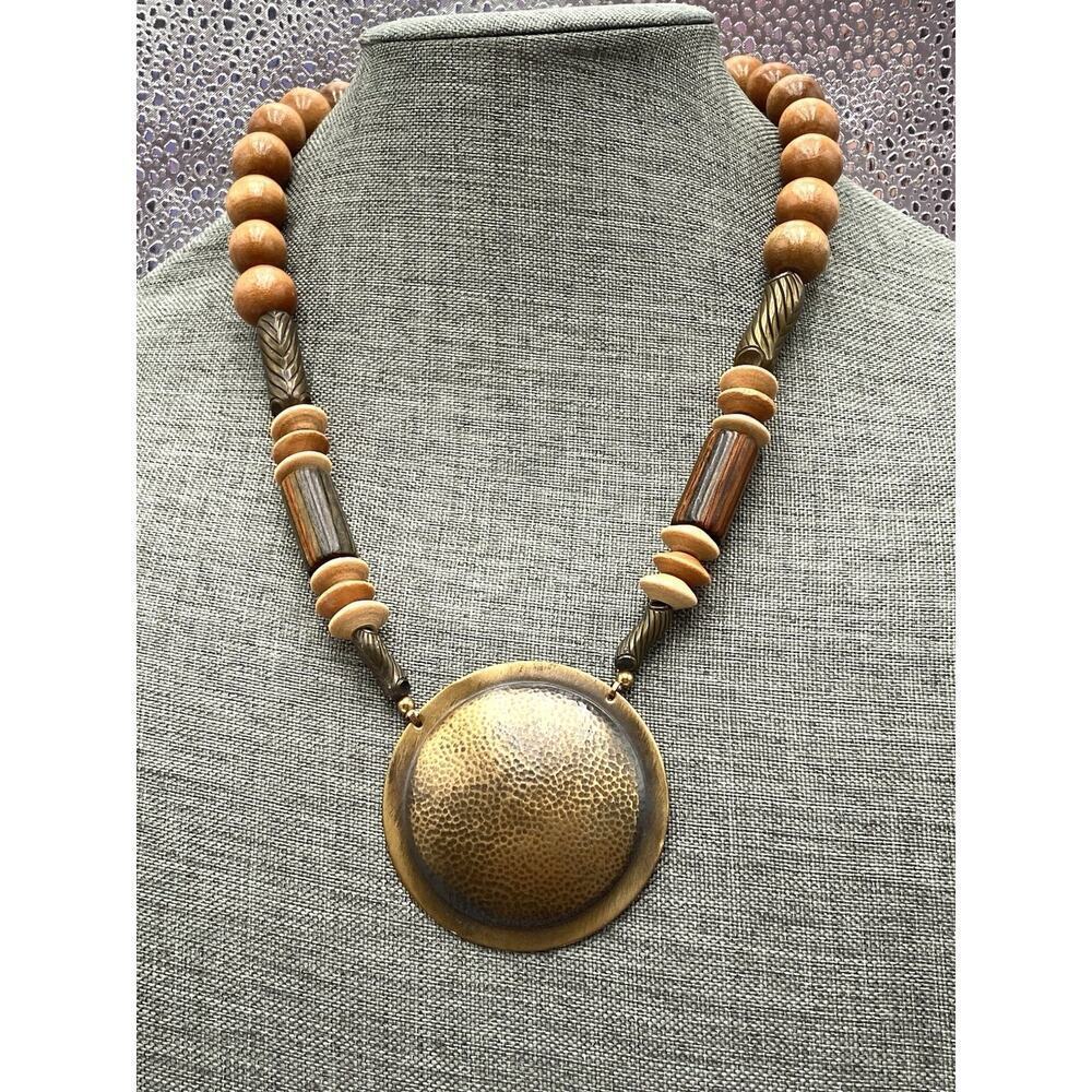 Necklace Vintage Wood Brass Beaded